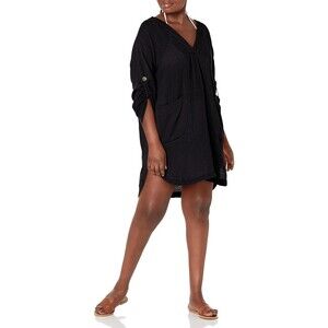 NWT Seafolly Women's V Neck Roll Sleeves Swimsuit Cover-up Dress  M Black